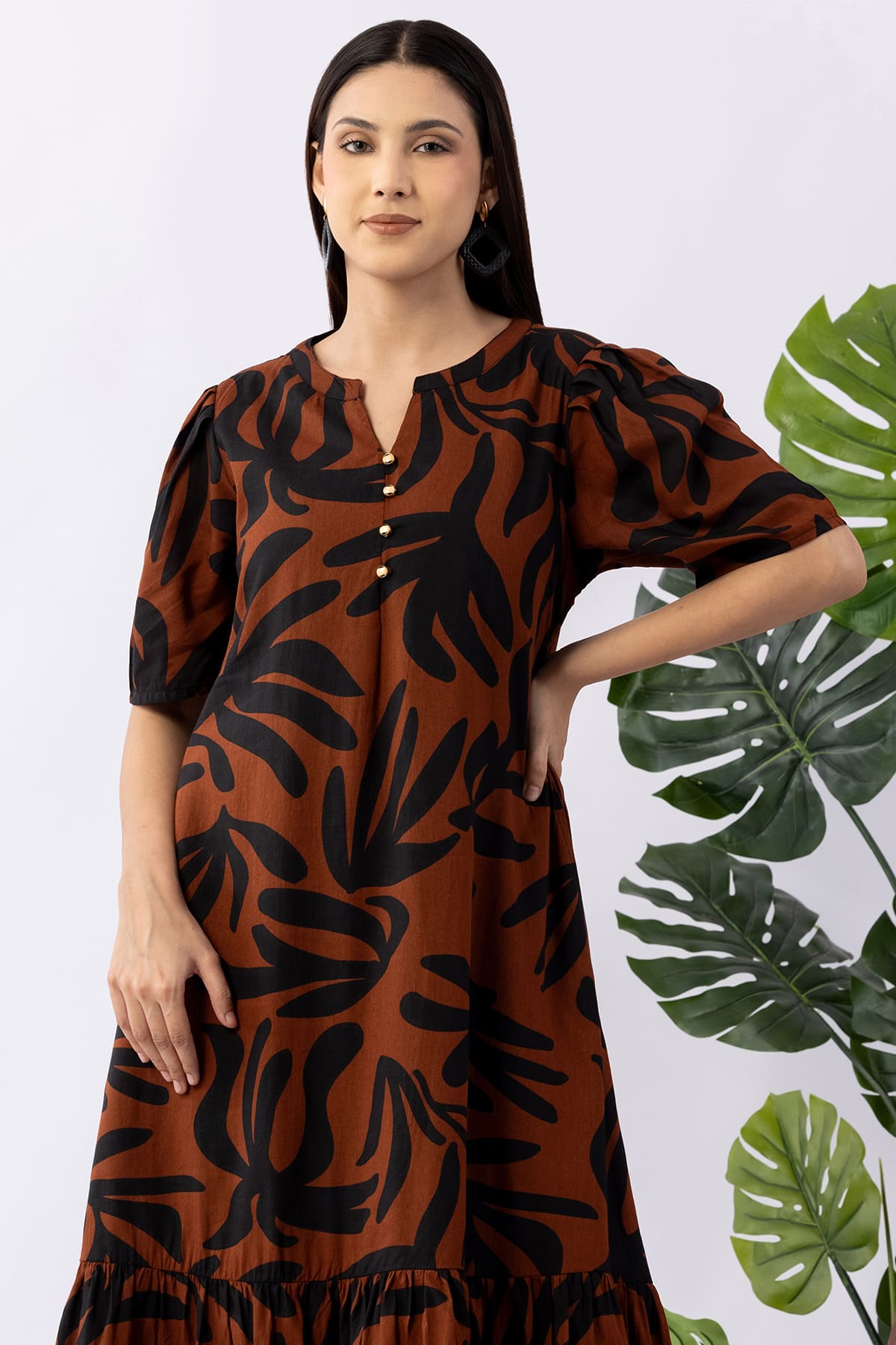 Printed brown viscose modal dress for women with mandarin collar and half sleeves