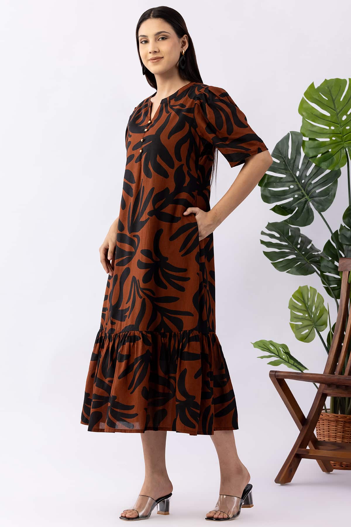 Printed brown viscose modal dress for women with mandarin collar and half sleeves