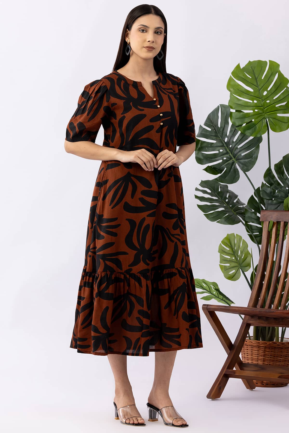 Printed brown viscose modal dress for women with mandarin collar and half sleeves