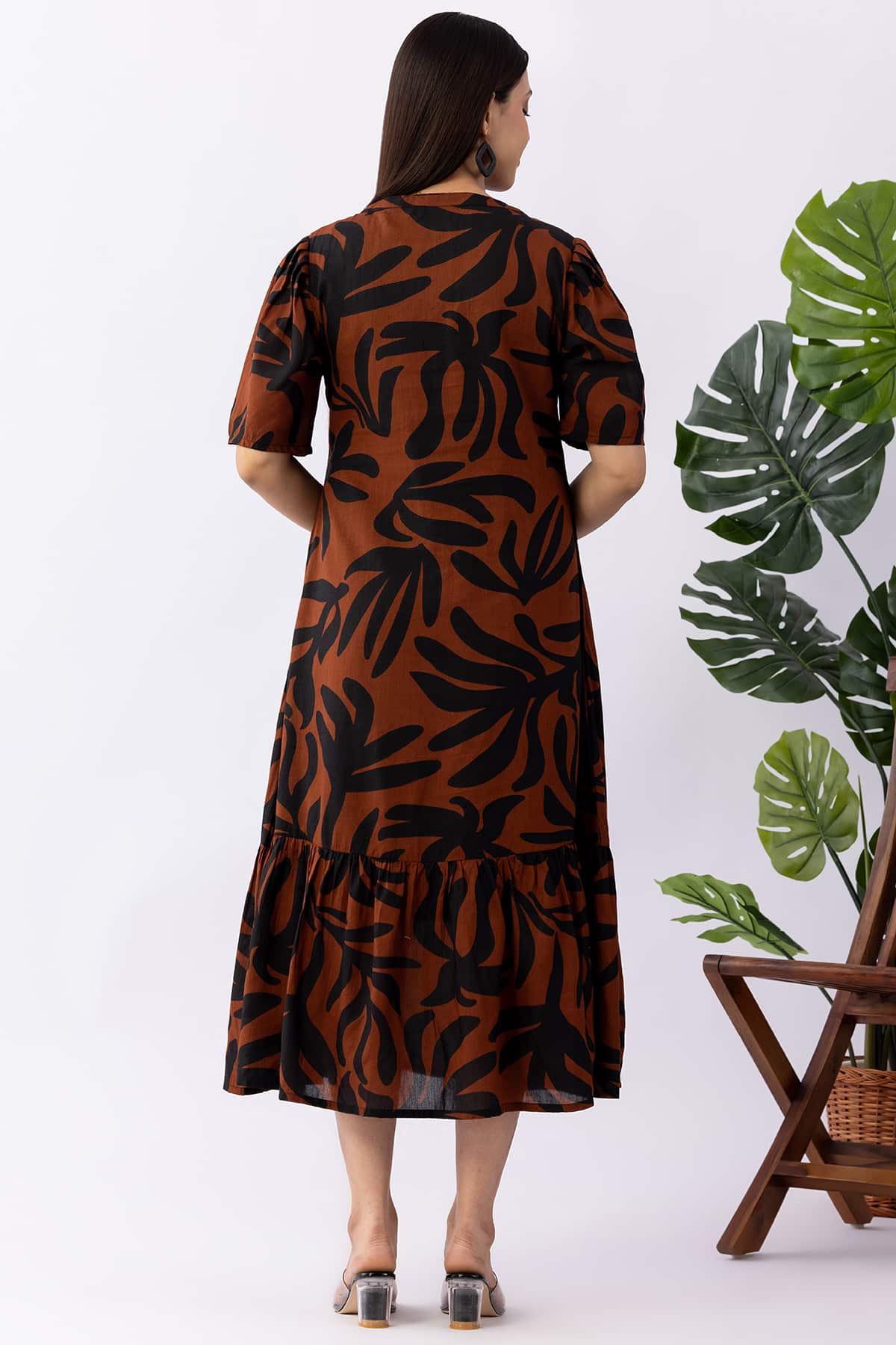 Printed brown viscose modal dress for women with mandarin collar and half sleeves