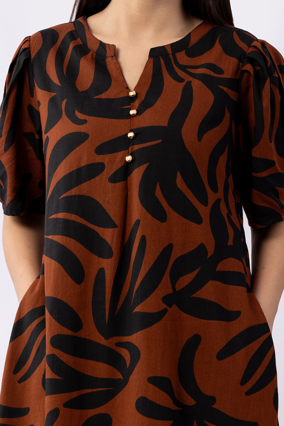 Printed brown viscose modal dress for women with mandarin collar and half sleeves