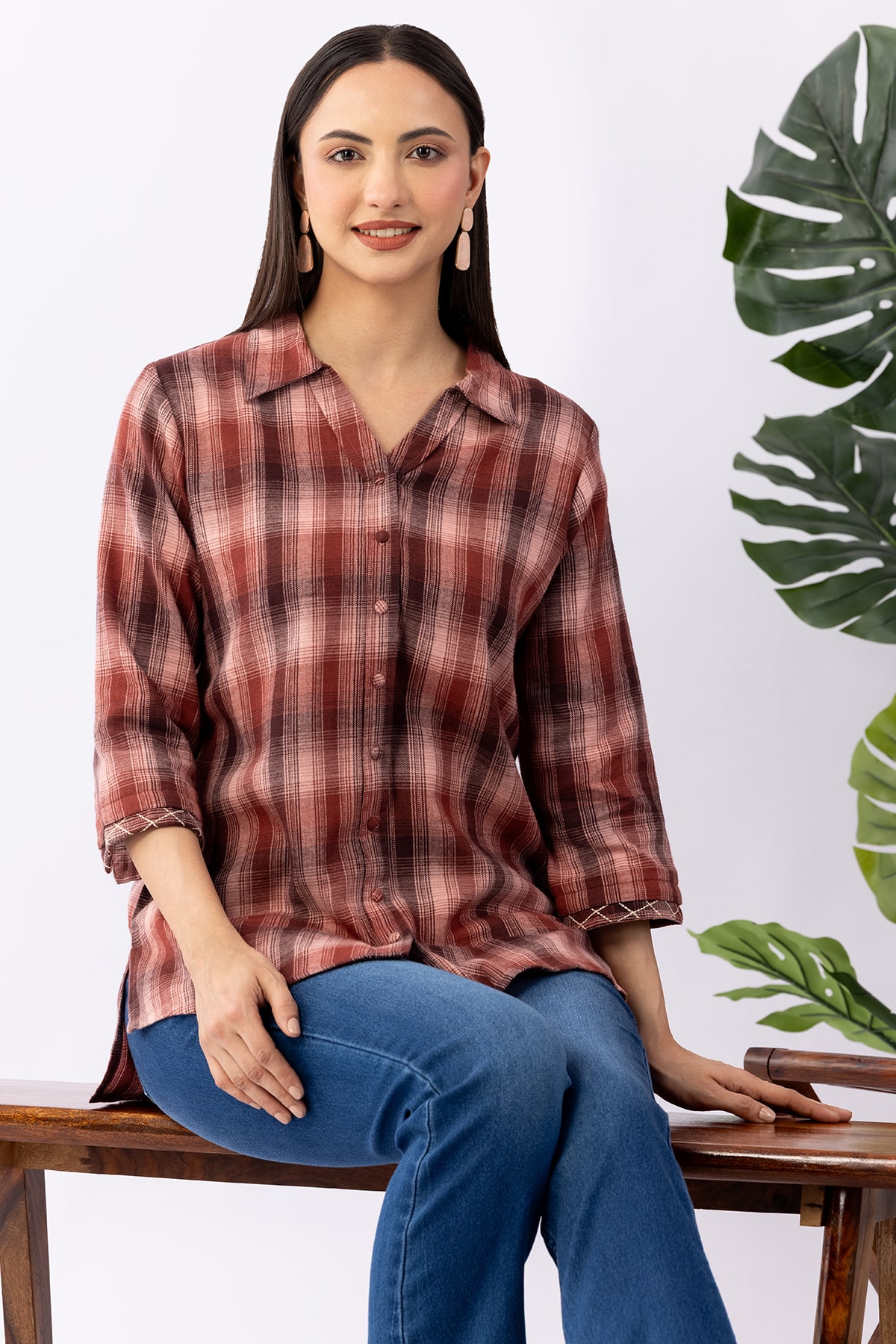 Rust pink checked viscose brushed twill shirt for women with collared neck and 3/4 sleeves