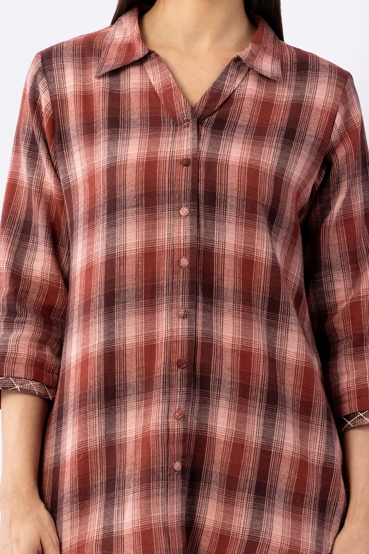 Rust pink checked viscose brushed twill shirt for women with collared neck and 3/4 sleeves