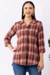 Rust pink checked viscose brushed twill shirt for women with collared neck and 3/4 sleeves