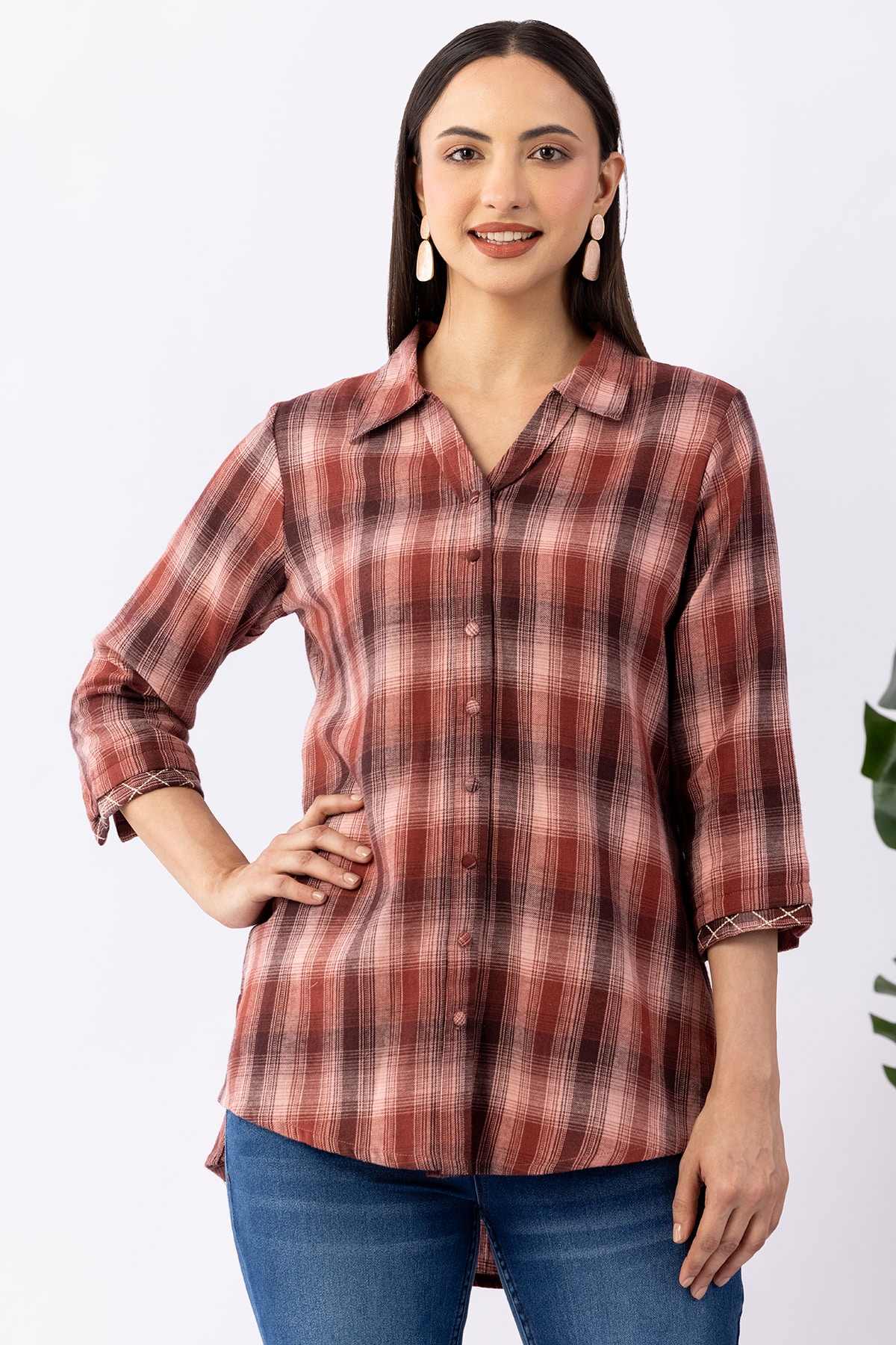 Rust pink checked viscose brushed twill shirt for women with collared neck and 3/4 sleeves
