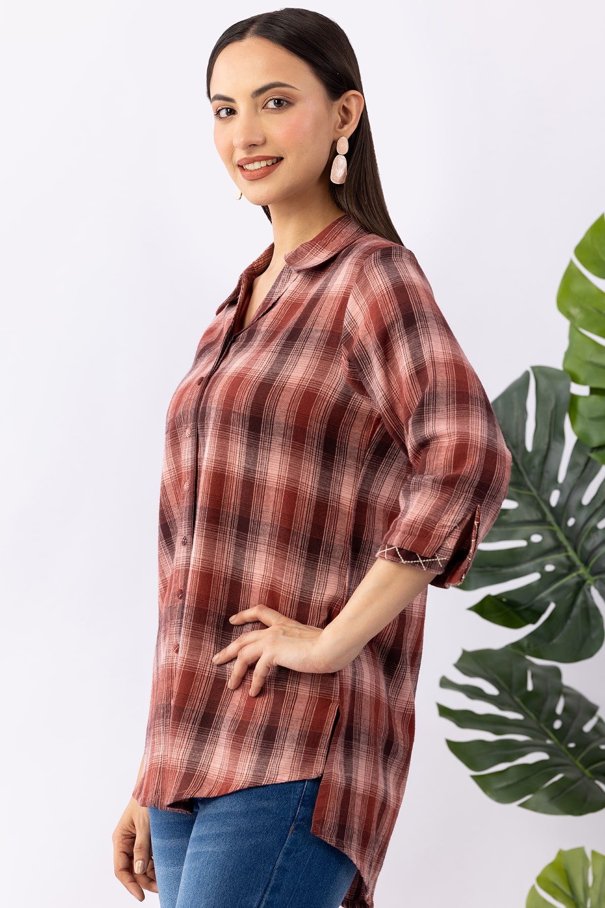 Rust pink checked viscose brushed twill shirt for women with collared neck and 3/4 sleeves