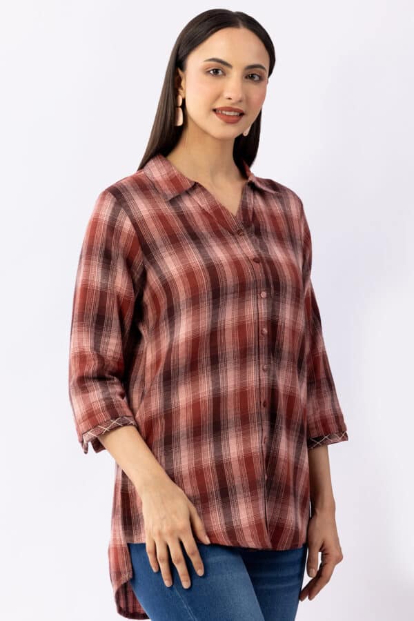 Rust pink checked viscose brushed twill shirt for women with collared neck and 3/4 sleeves