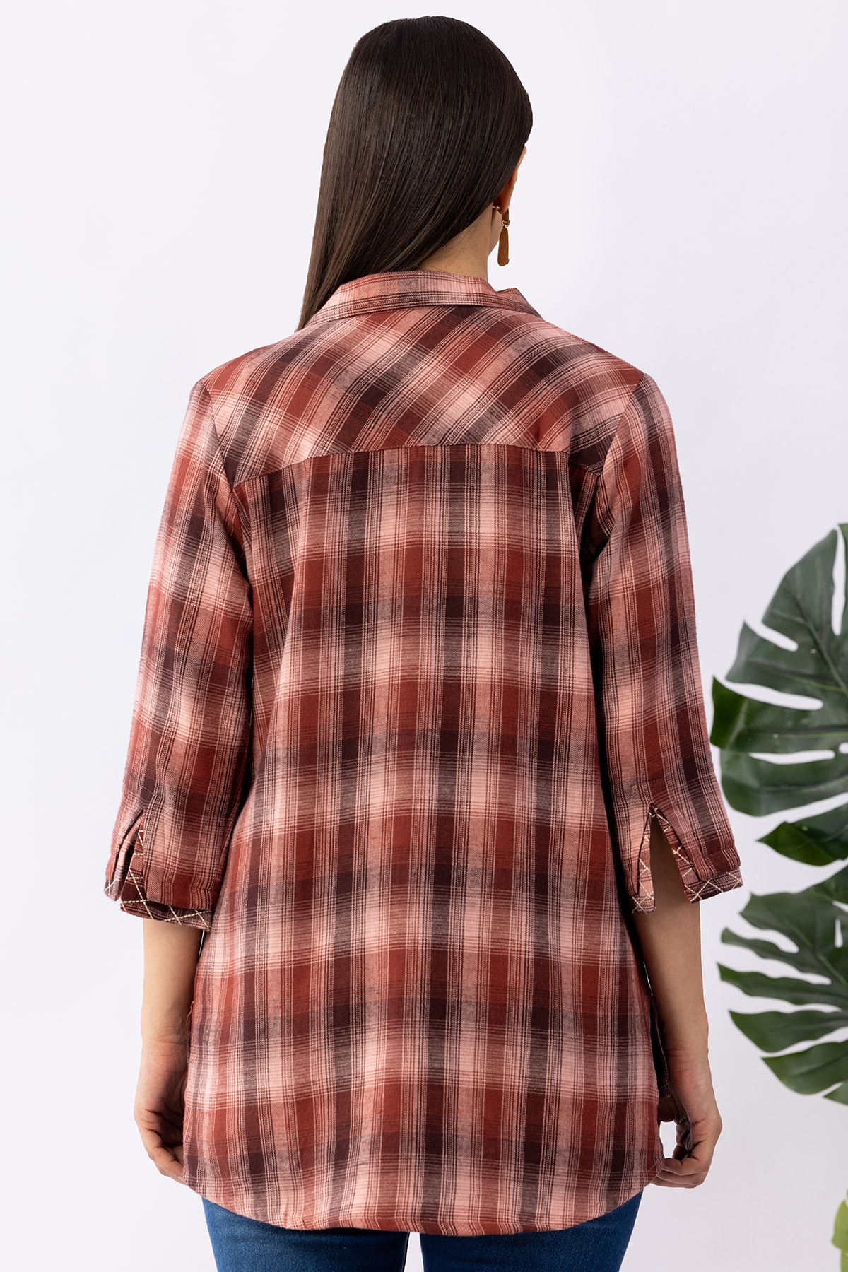 Rust pink checked viscose brushed twill shirt for women with collared neck and 3/4 sleeves