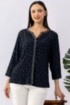 Embroidered blue viscose calci crepe shirt for women with round neck and 3/4 sleeves