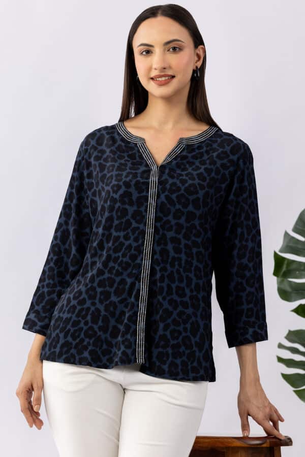 Embroidered blue viscose calci crepe shirt for women with round neck and 3/4 sleeves