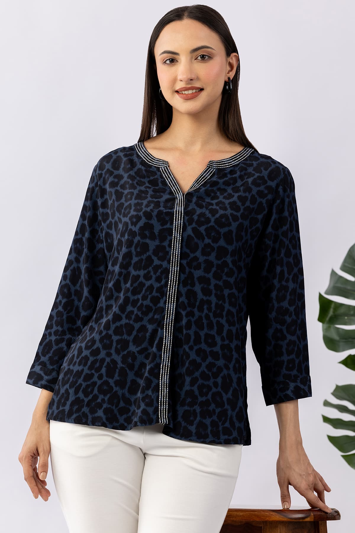 Embroidered blue viscose calci crepe shirt for women with round neck and 3/4 sleeves