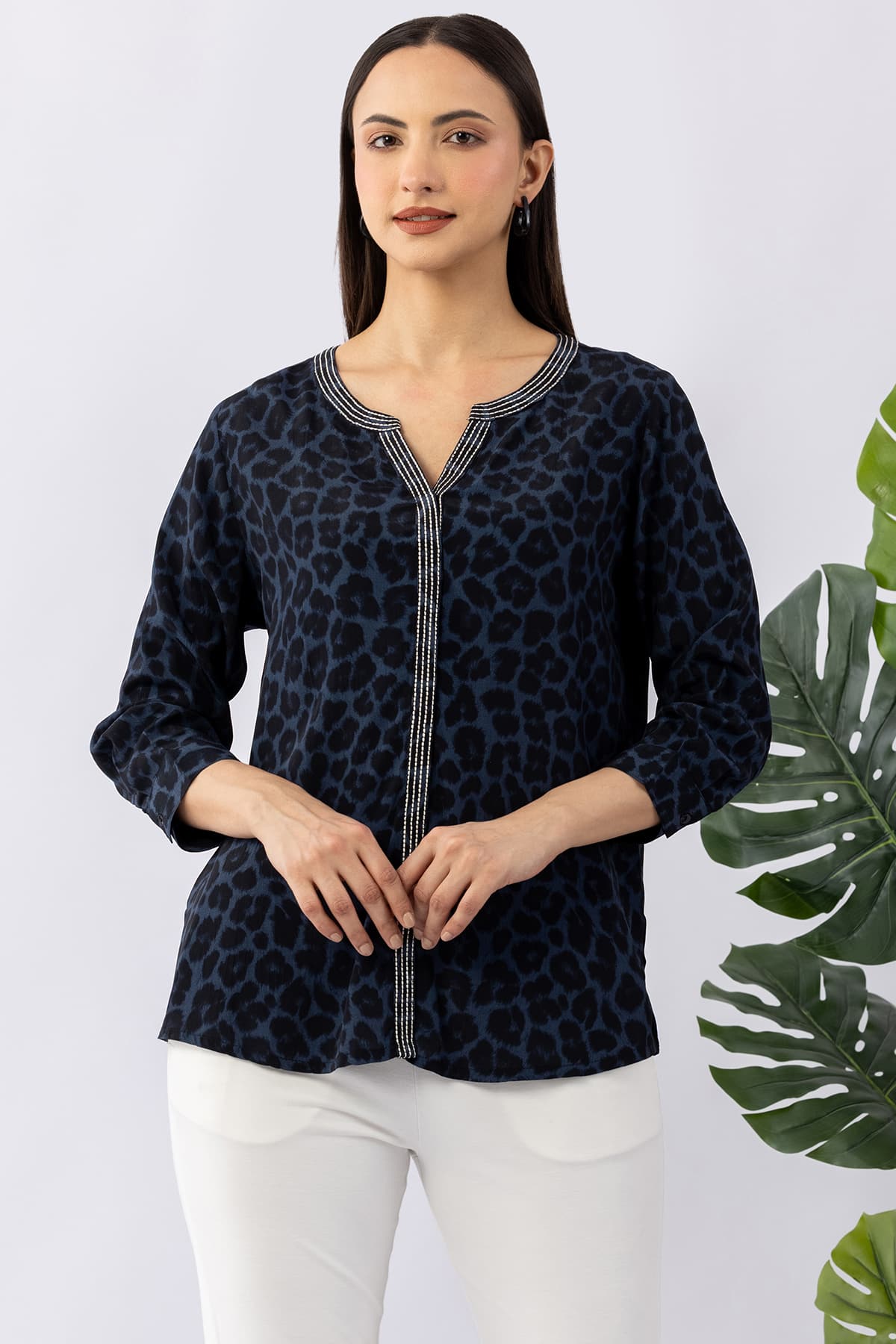Embroidered blue viscose calci crepe shirt for women with round neck and 3/4 sleeves
