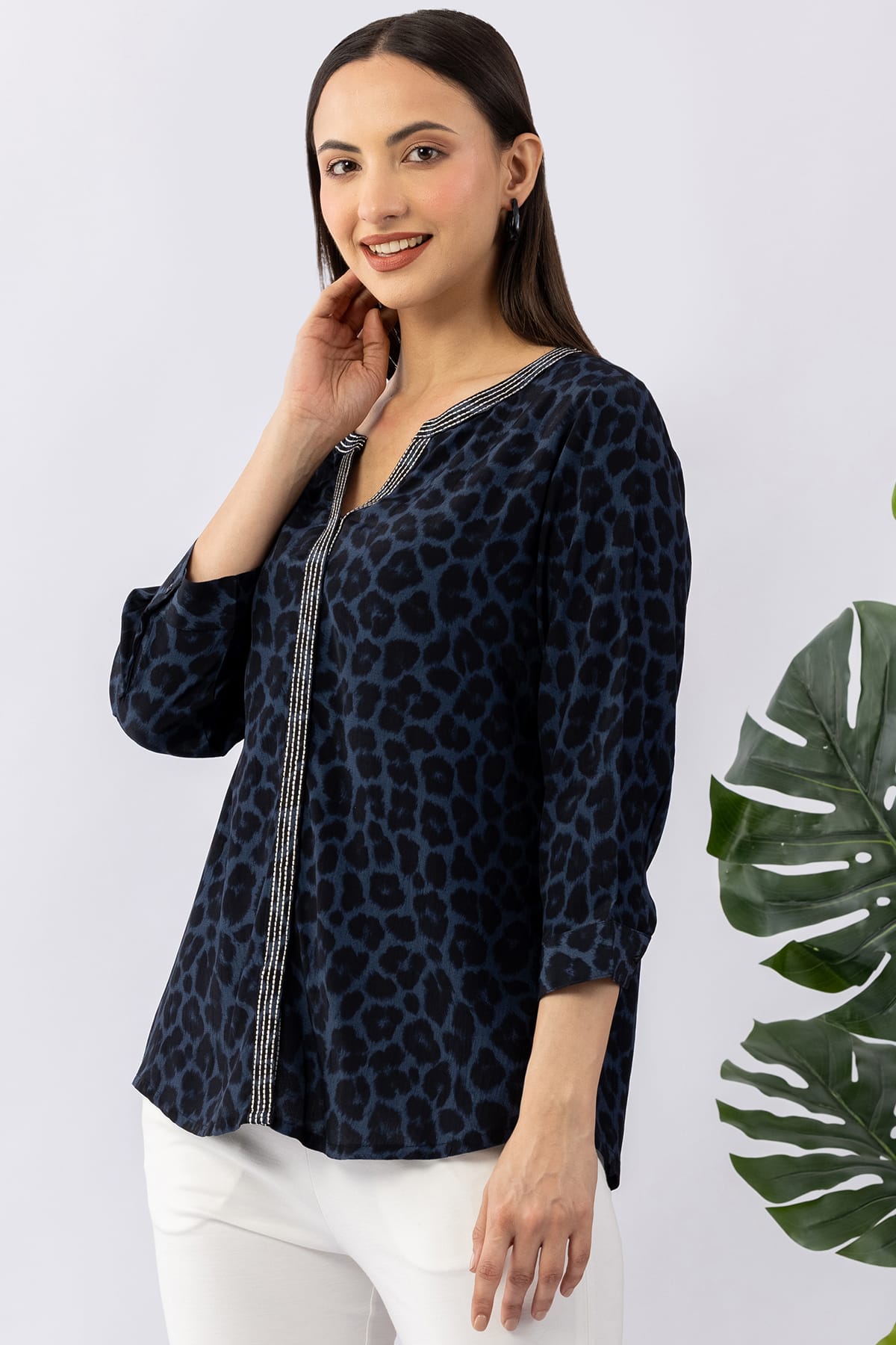 Embroidered blue viscose calci crepe shirt for women with round neck and 3/4 sleeves