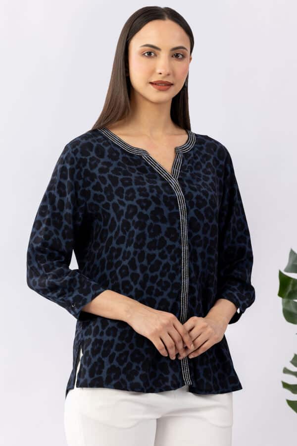 Embroidered blue viscose calci crepe shirt for women with round neck and 3/4 sleeves