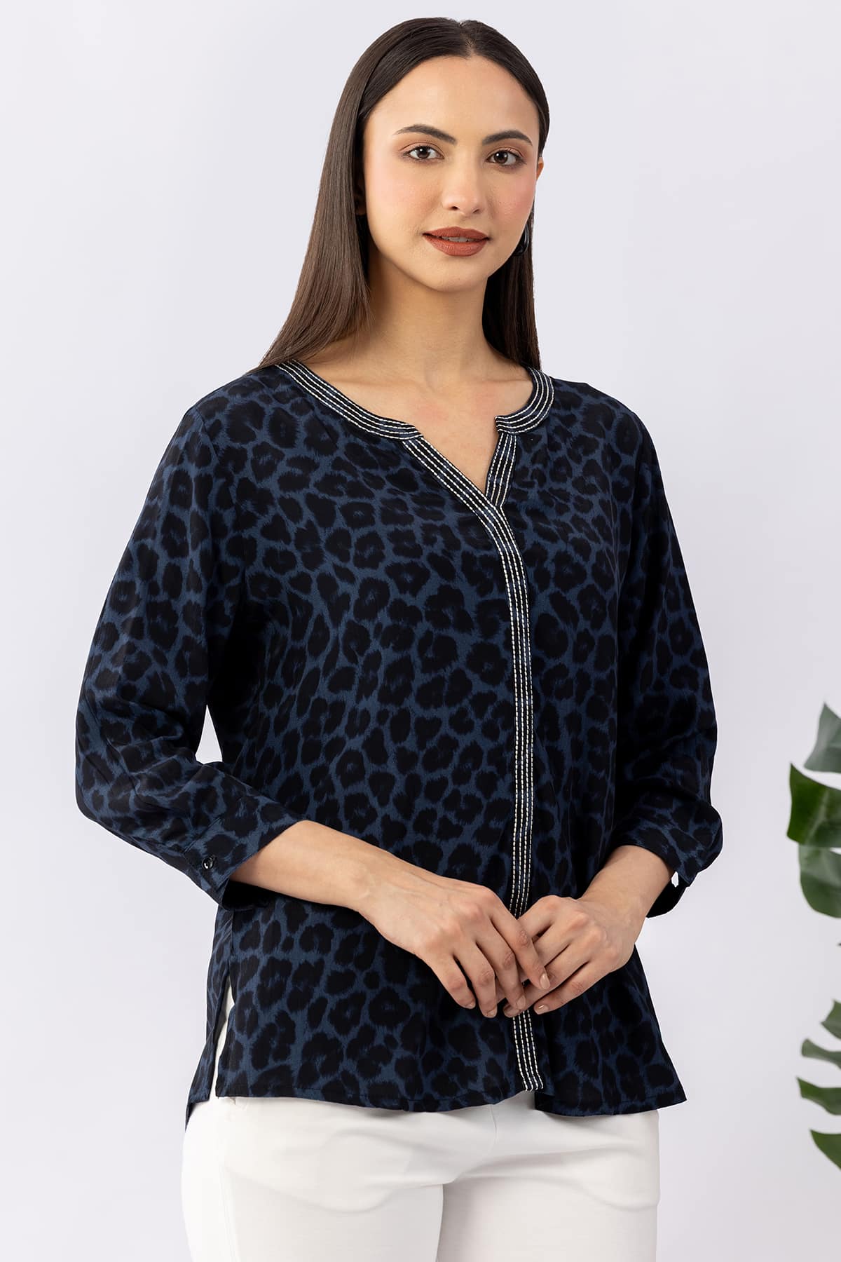 Embroidered blue viscose calci crepe shirt for women with round neck and 3/4 sleeves