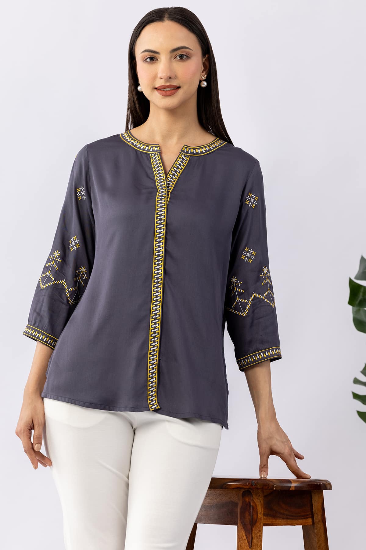 Embroidered grey viscose modal satin shirt for ladies with round neck and 3/4 sleeves
