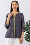 Embroidered grey viscose modal satin shirt for ladies with round neck and 3/4 sleeves