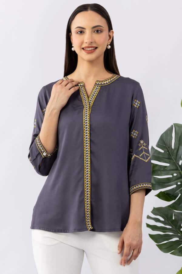 Embroidered grey viscose modal satin shirt for ladies with round neck and 3/4 sleeves