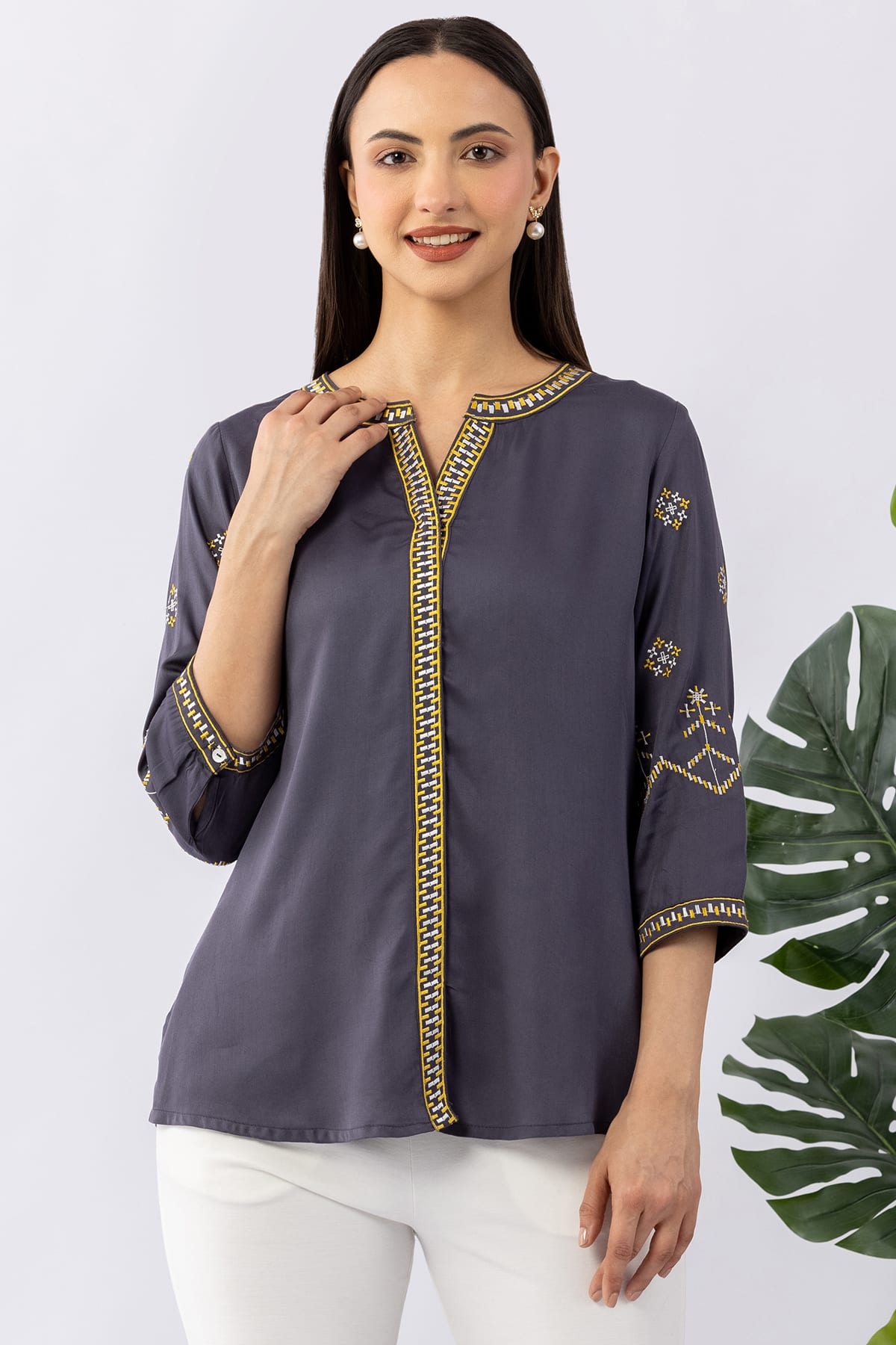Embroidered grey viscose modal satin shirt for ladies with round neck and 3/4 sleeves