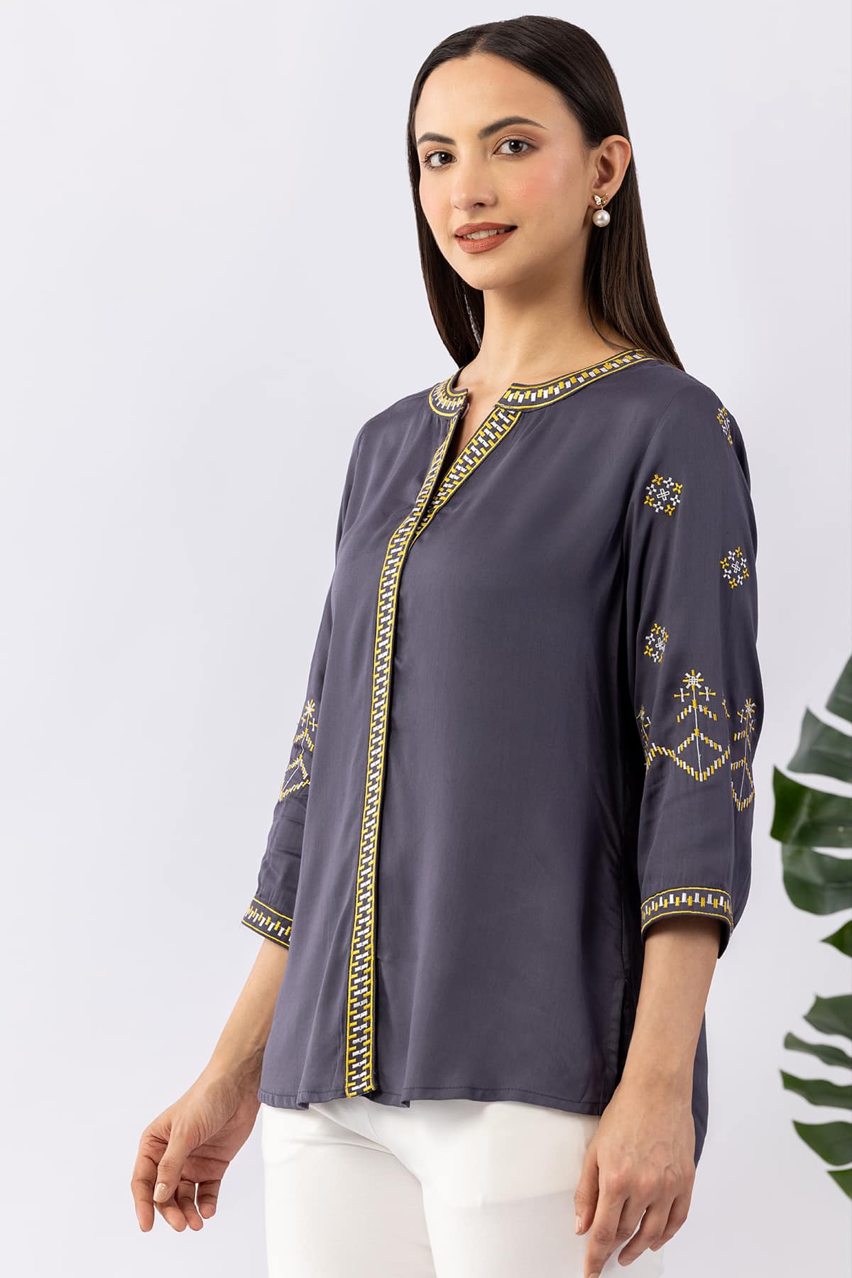 Embroidered grey viscose modal satin shirt for ladies with round neck and 3/4 sleeves