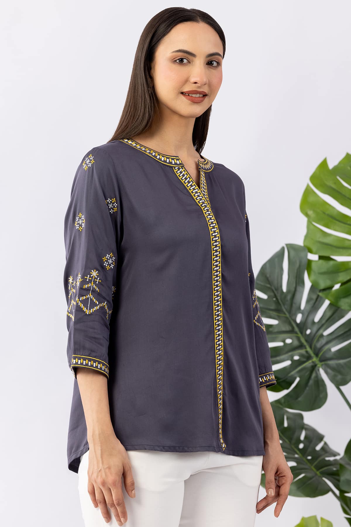 Embroidered grey viscose modal satin shirt for ladies with round neck and 3/4 sleeves