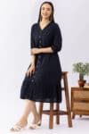 Navy blue schiffli cotton dress for women with V neck and 3/4 sleeves