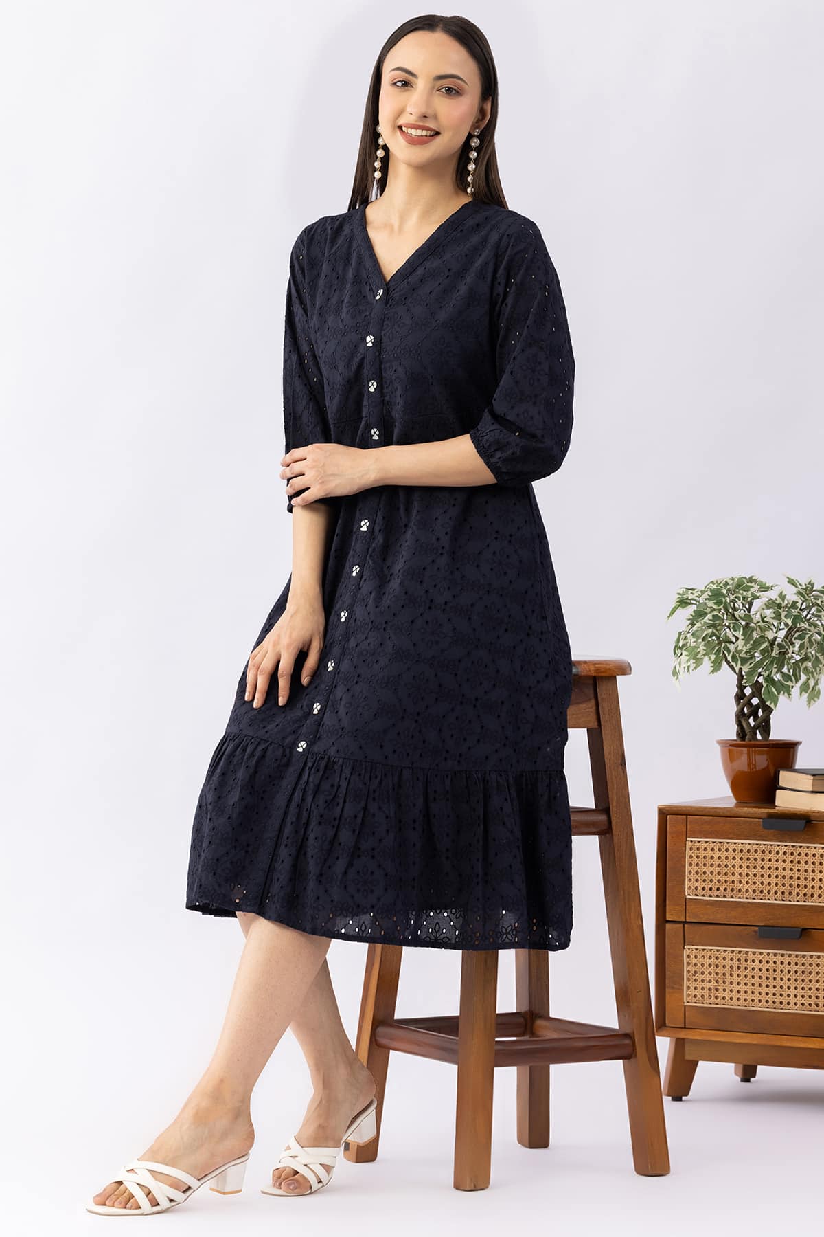 Navy blue schiffli cotton dress for women with V neck and 3/4 sleeves