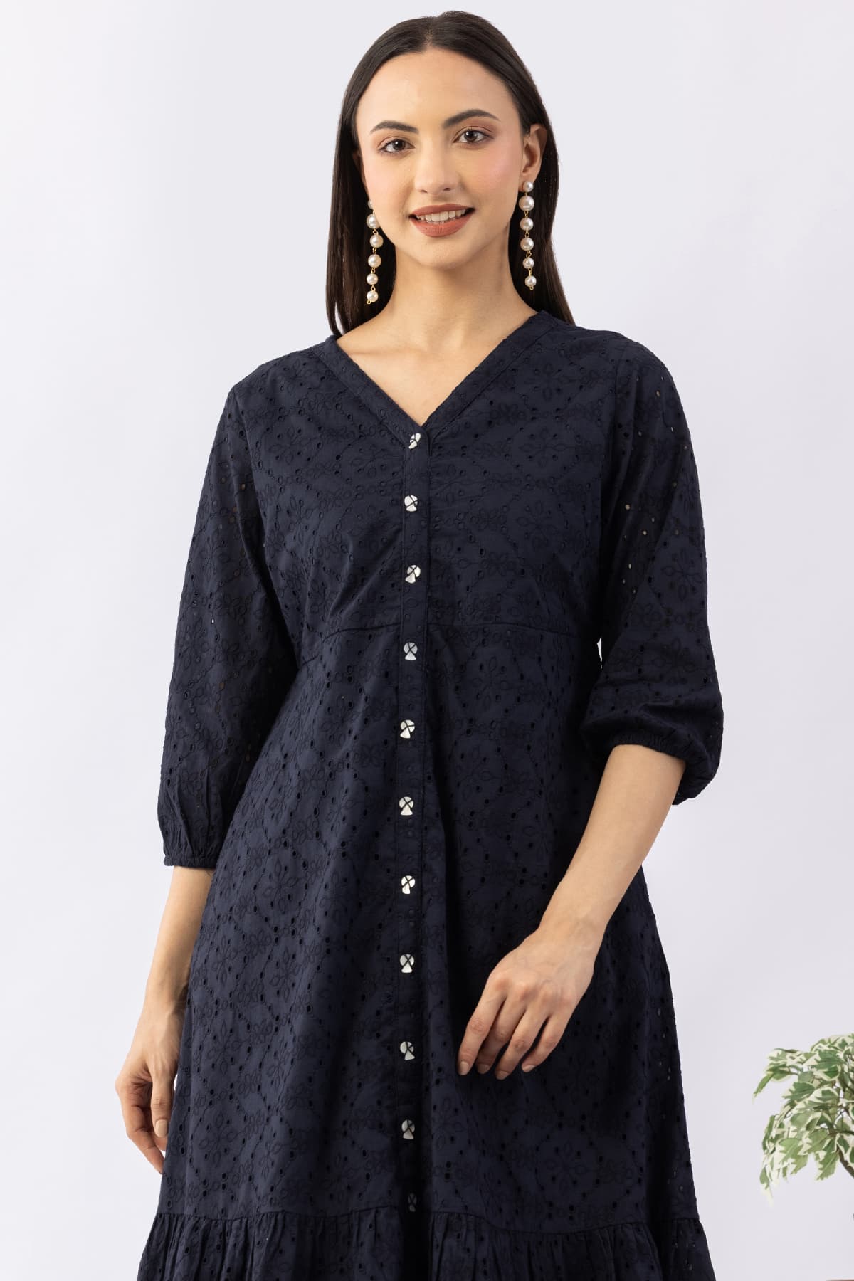 Navy blue schiffli cotton dress for women with V neck and 3/4 sleeves