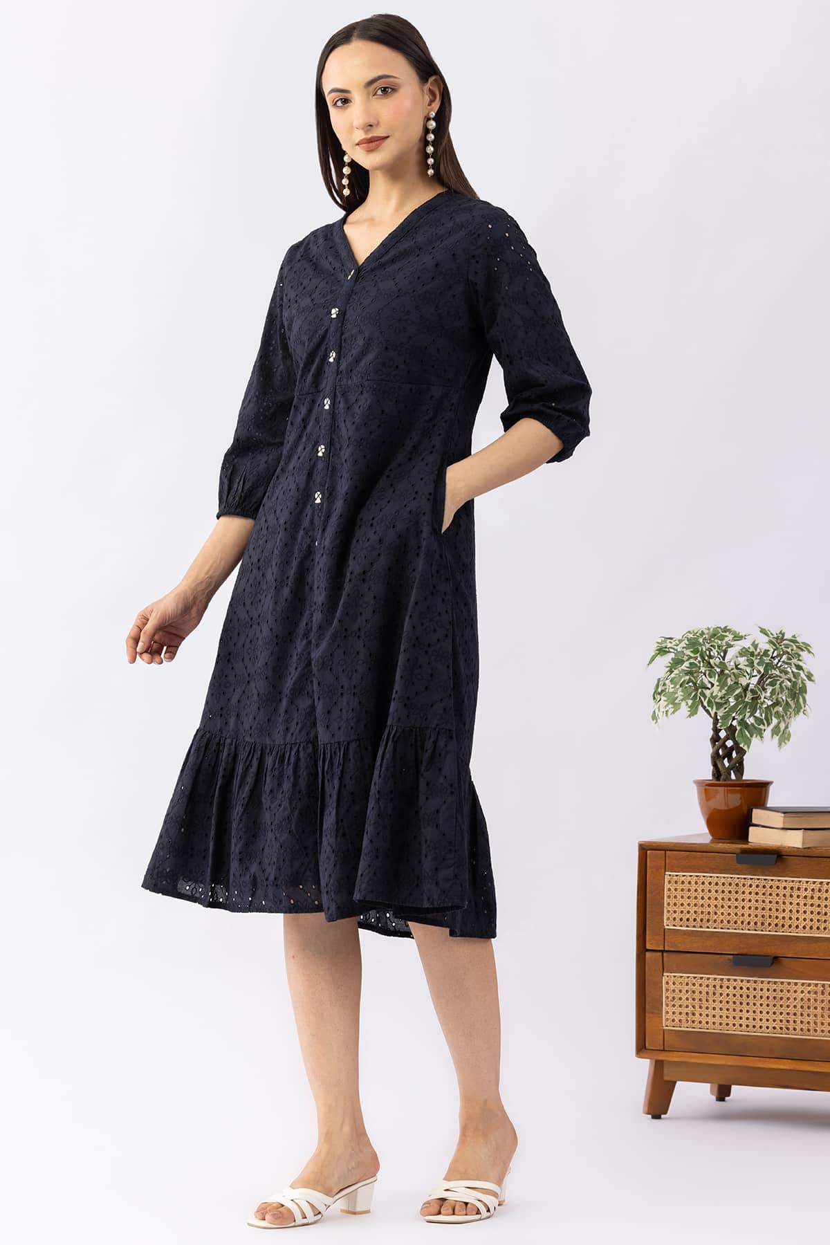 Navy blue schiffli cotton dress for women with V neck and 3/4 sleeves