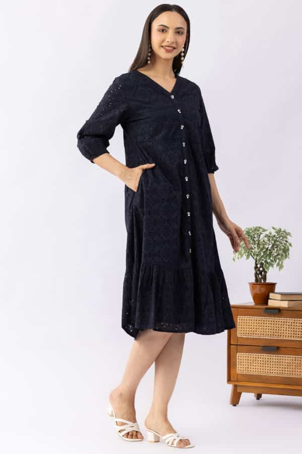 Navy blue schiffli cotton dress for women with V neck and 3/4 sleeves