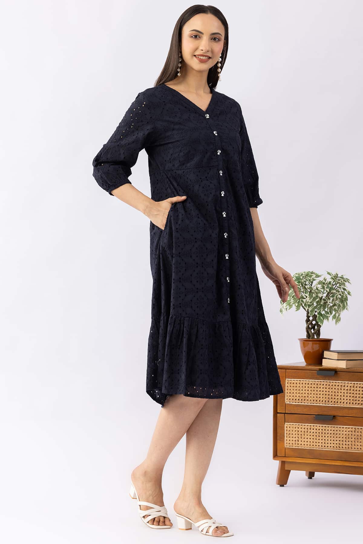 Navy blue schiffli cotton dress for women with V neck and 3/4 sleeves