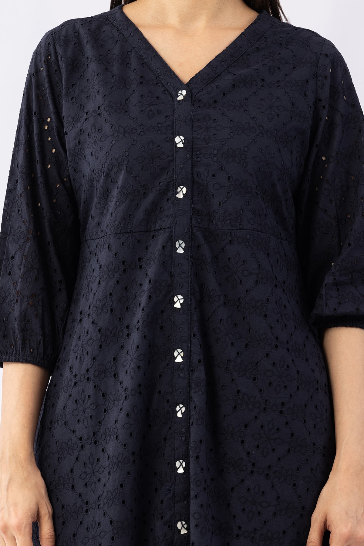 Navy blue schiffli cotton dress for women with V neck and 3/4 sleeves