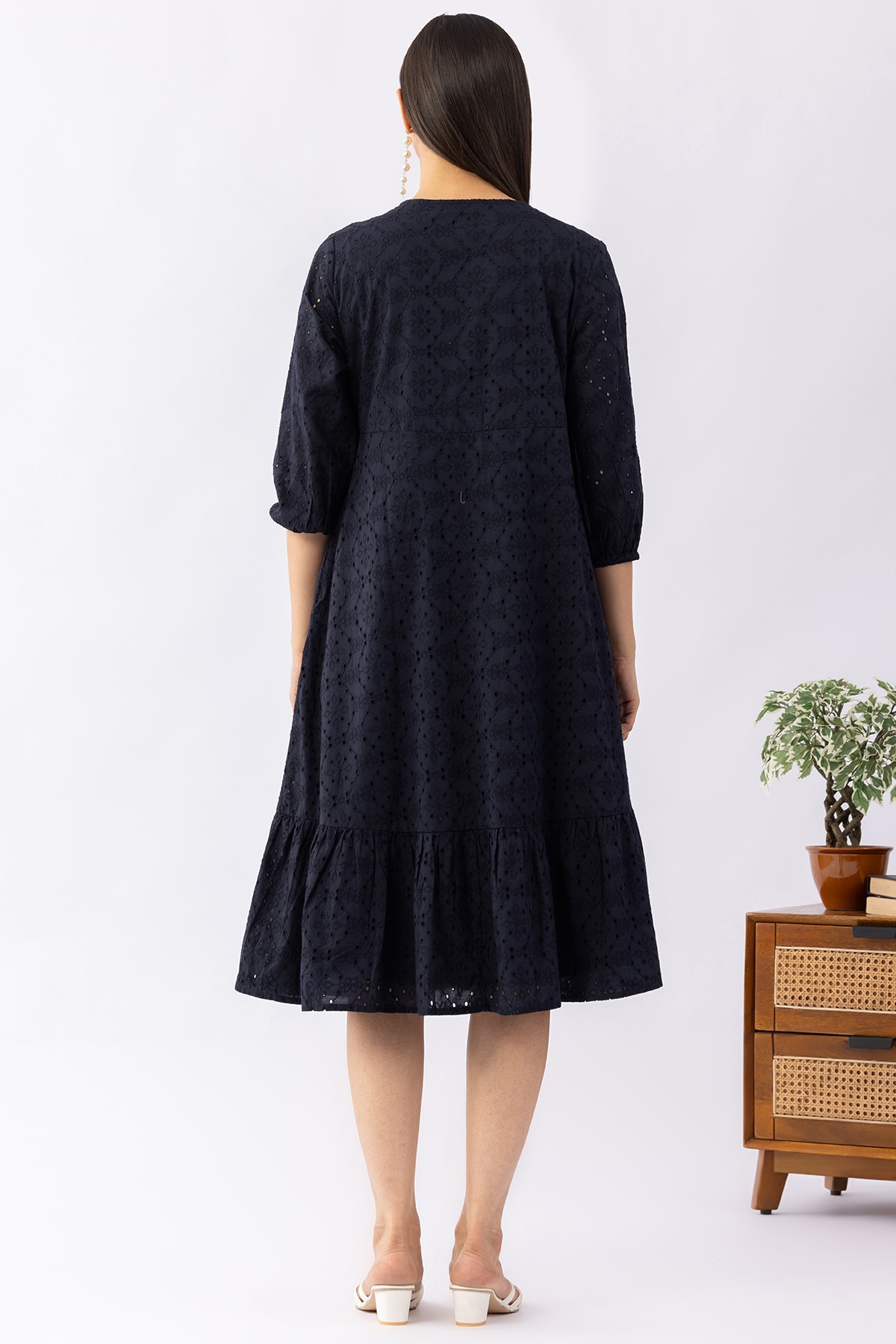 Navy blue schiffli cotton dress for women with V neck and 3/4 sleeves