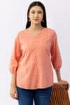 Pink schiffli cotton top for women with V neck and 3/4 sleeves