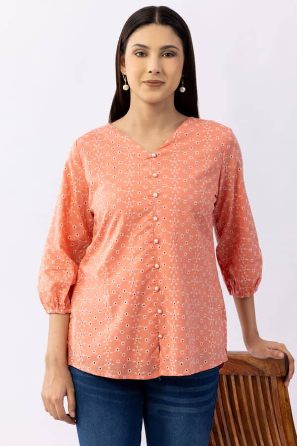 Pink schiffli cotton top for women with V neck and 3/4 sleeves