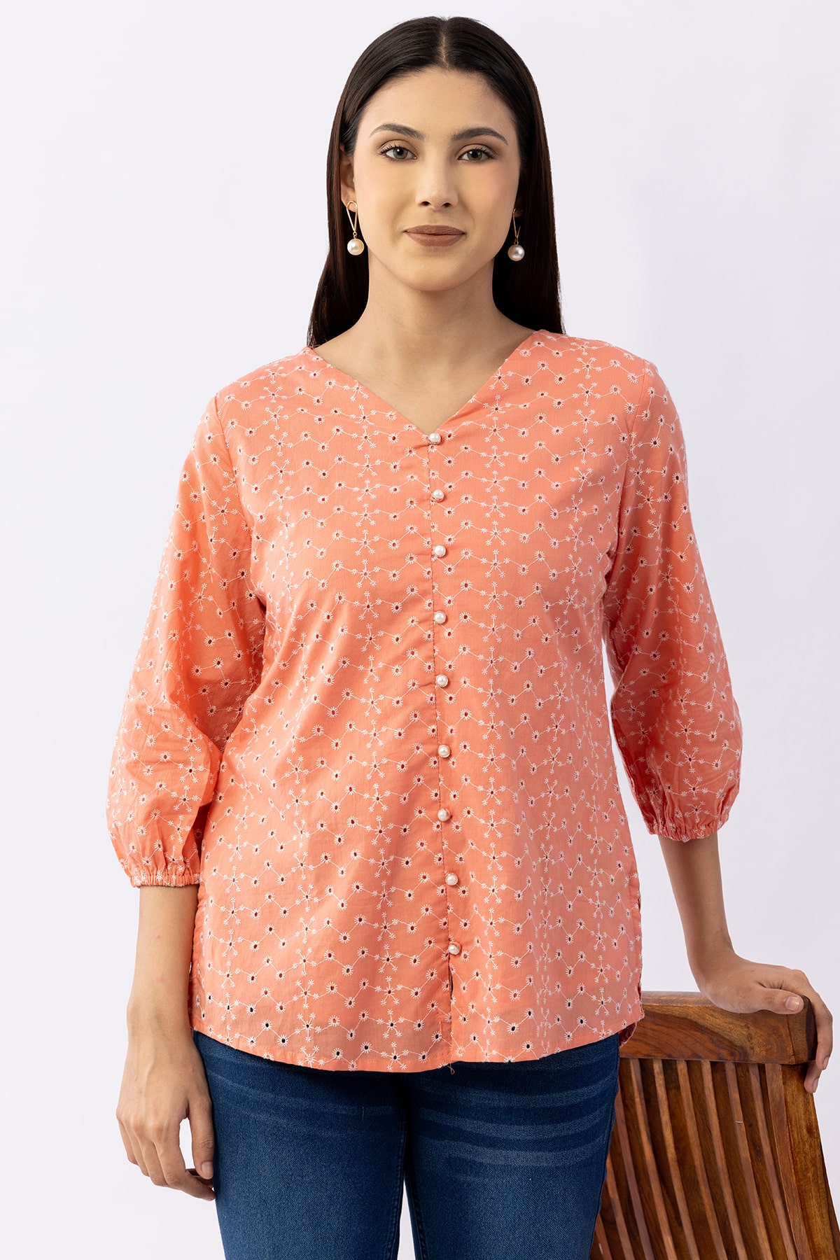 Pink schiffli cotton top for women with V neck and 3/4 sleeves