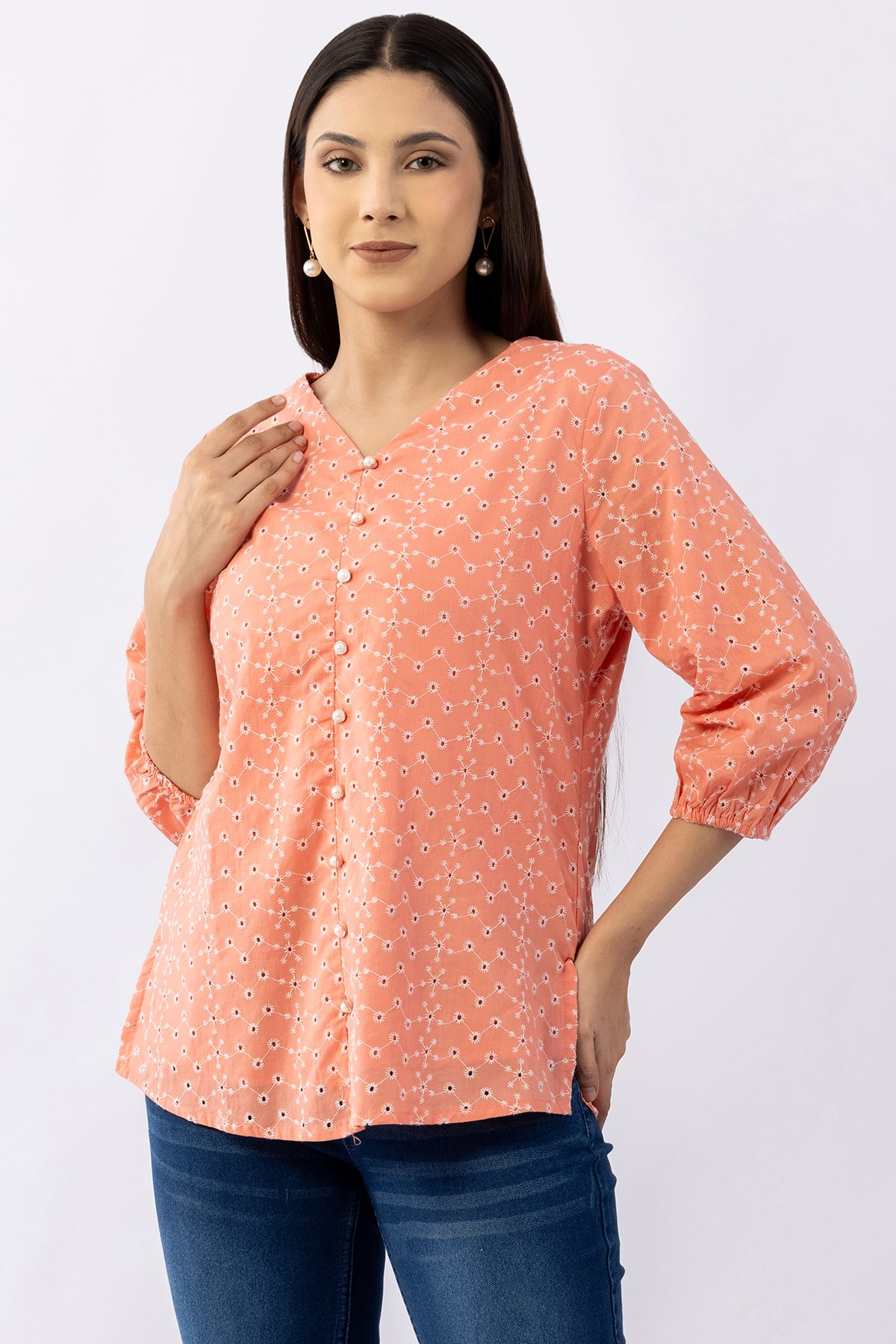 Pink schiffli cotton top for women with V neck and 3/4 sleeves