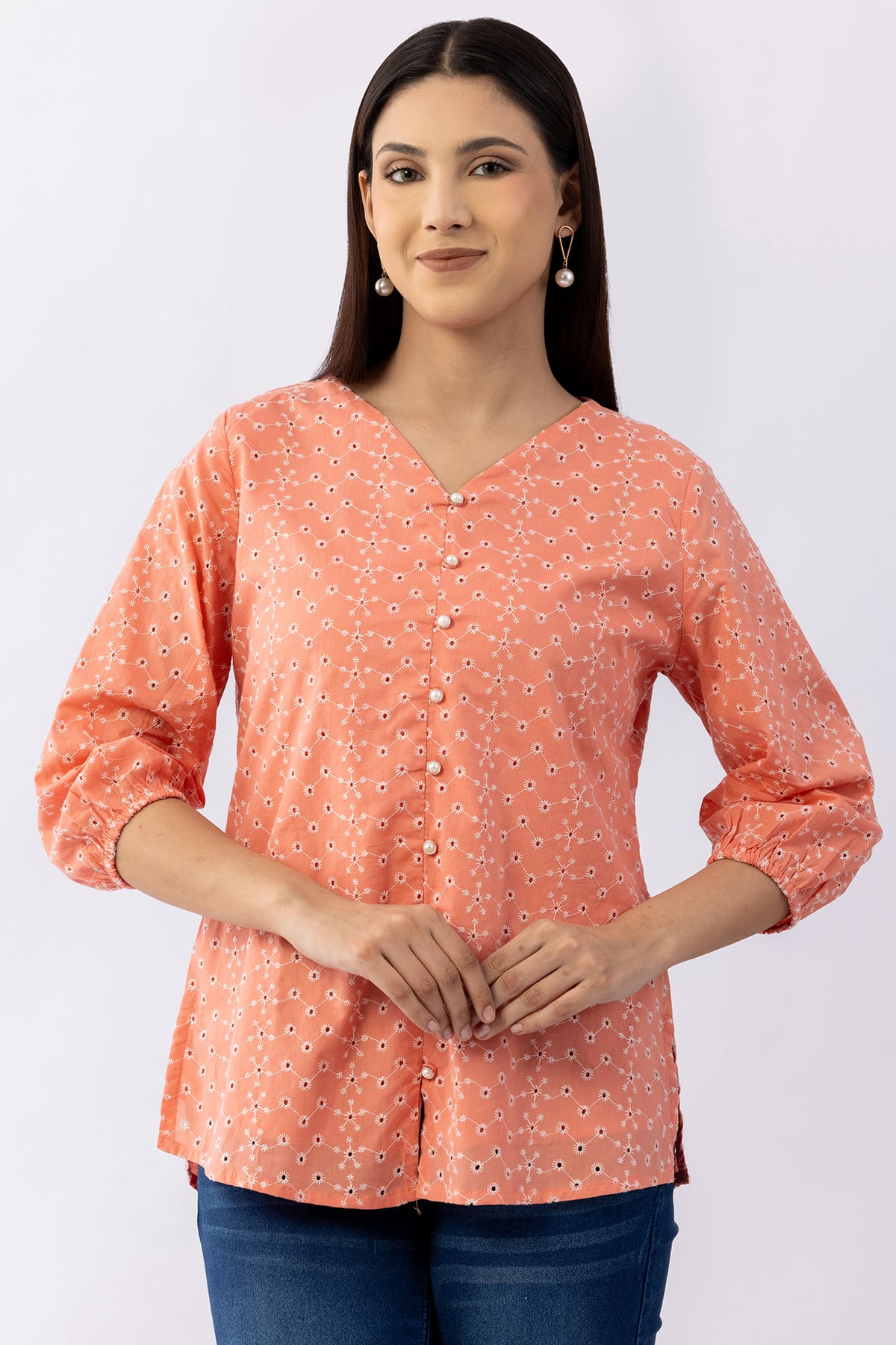 Pink schiffli cotton top for women with V neck and 3/4 sleeves