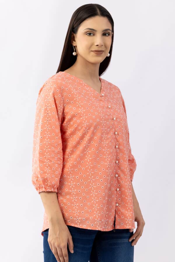 Pink schiffli cotton top for women with V neck and 3/4 sleeves