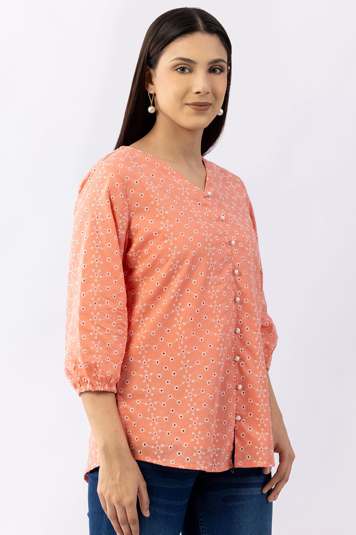 Pink schiffli cotton top for women with V neck and 3/4 sleeves