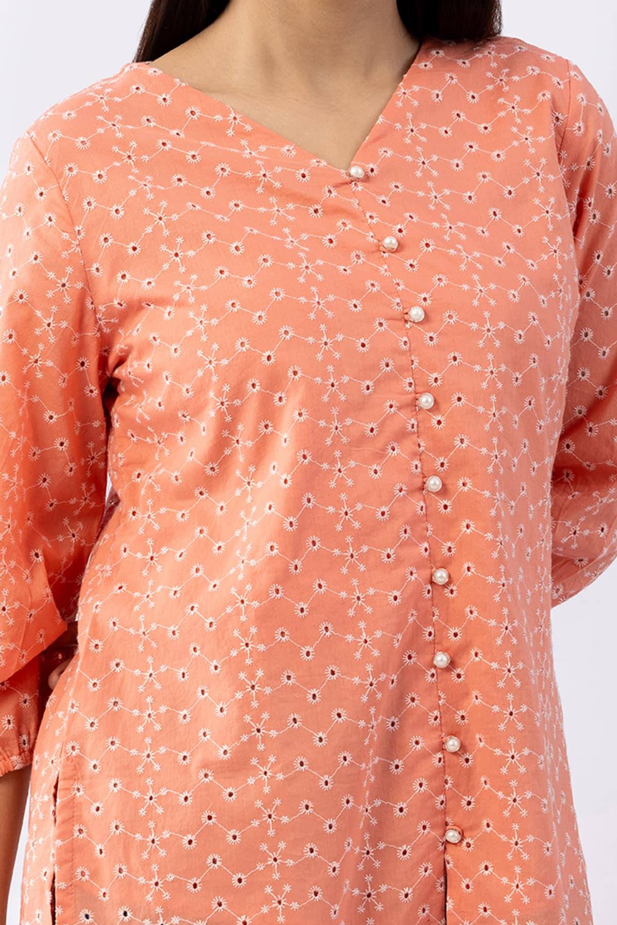 Pink schiffli cotton top for women with V neck and 3/4 sleeves