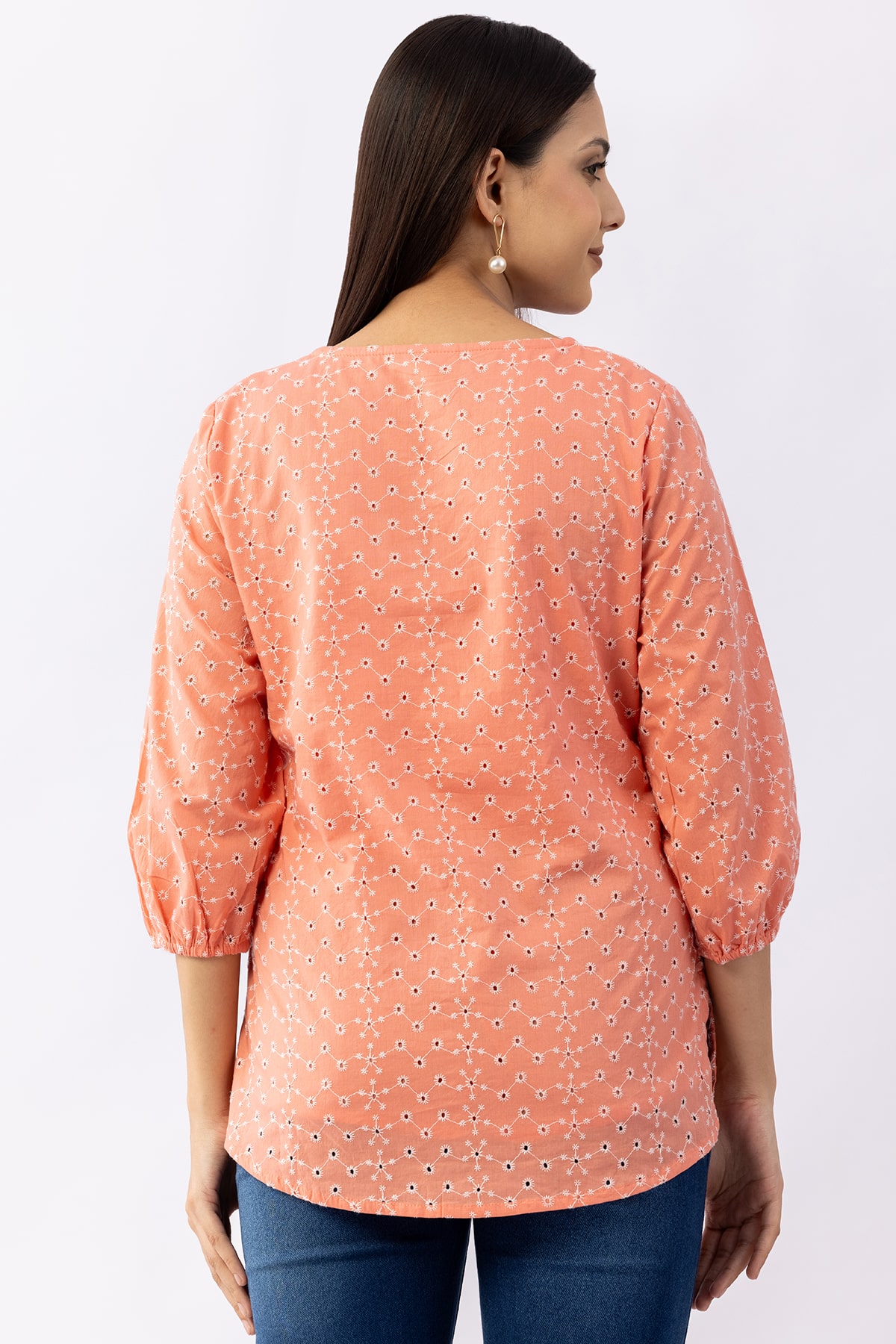 Pink schiffli cotton top for women with V neck and 3/4 sleeves