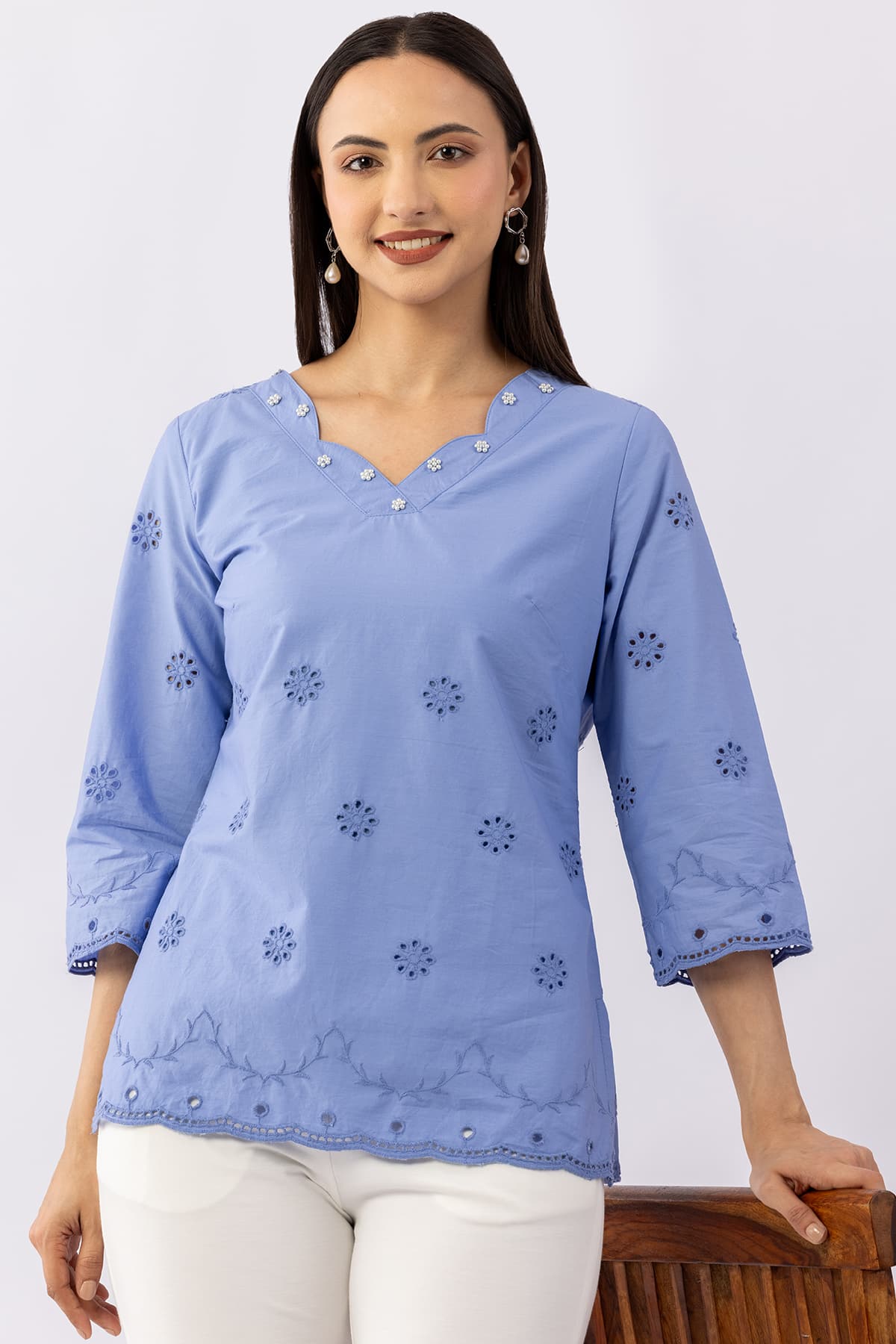 Schiffli Blue Cotton Top Women
