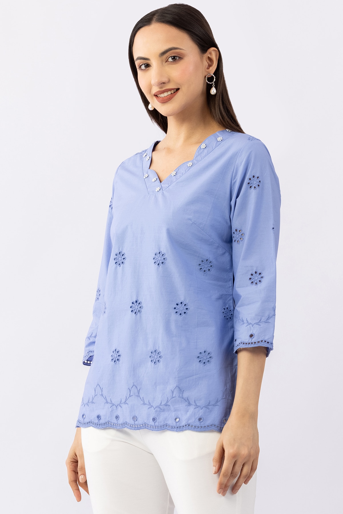 Schiffli Blue Cotton Top Women