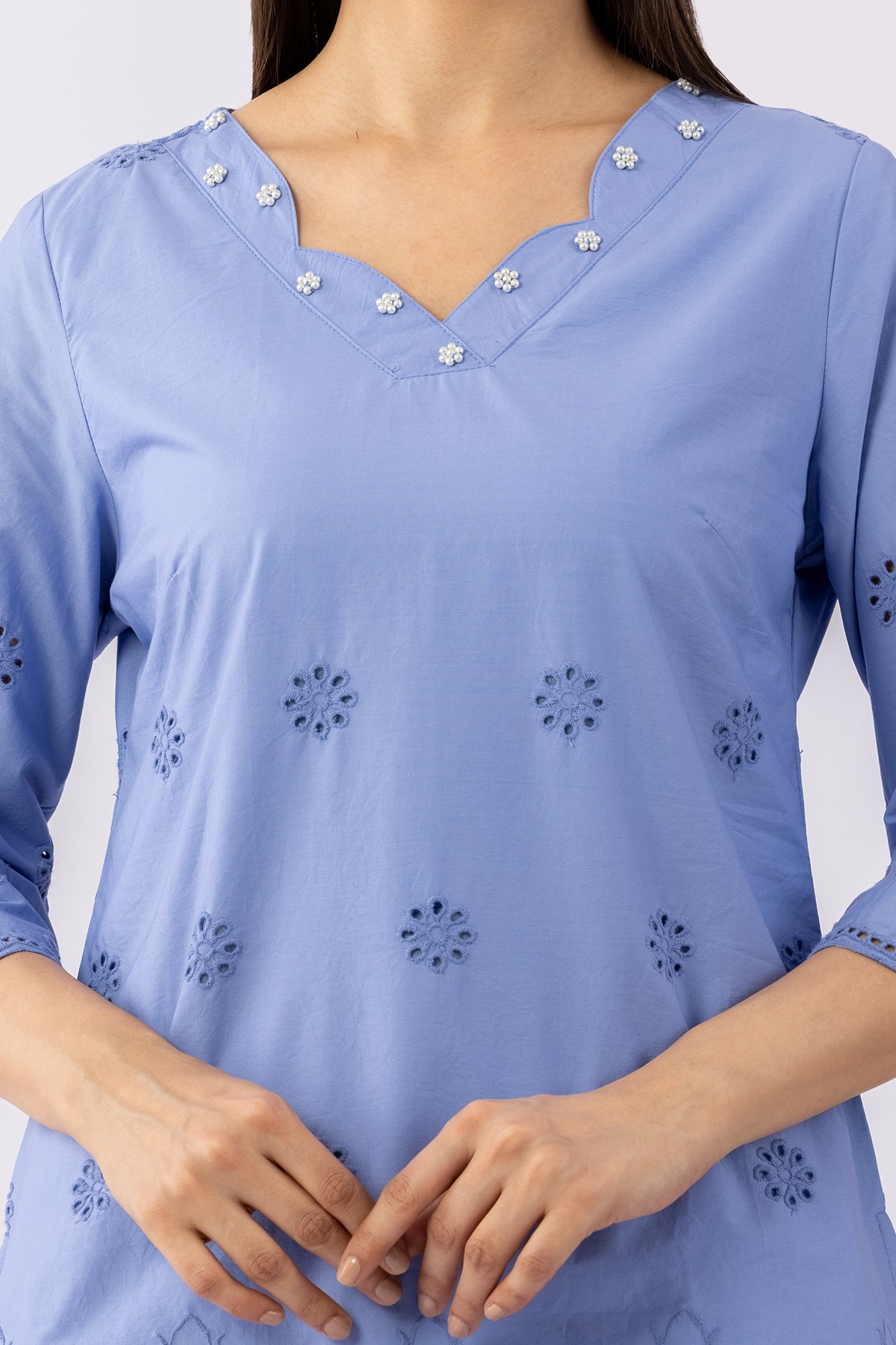 Schiffli Blue Cotton Top Women