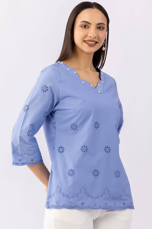 Schiffli Blue Cotton Top Women