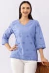 Schiffli Blue Cotton Top Women