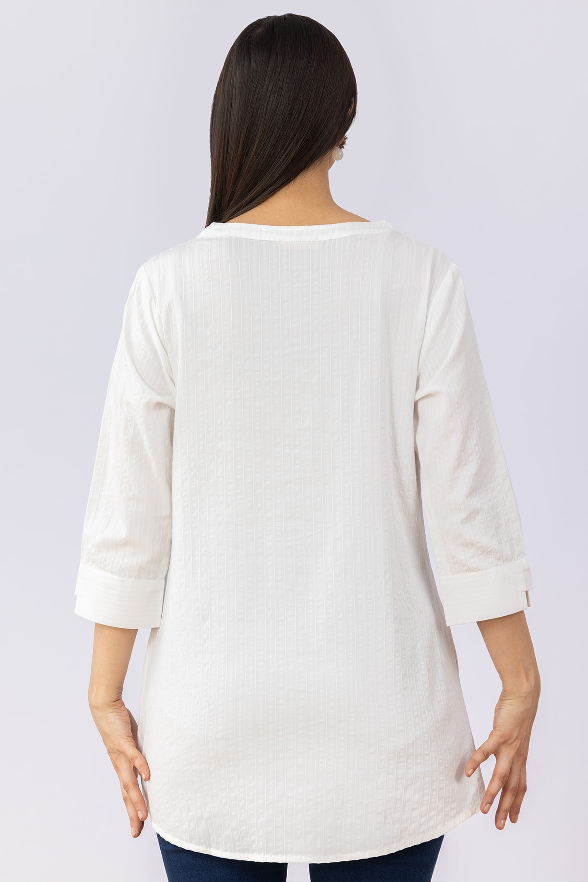 White embroidered viscose dobby tunic for women with V neck and 3/4 sleeves