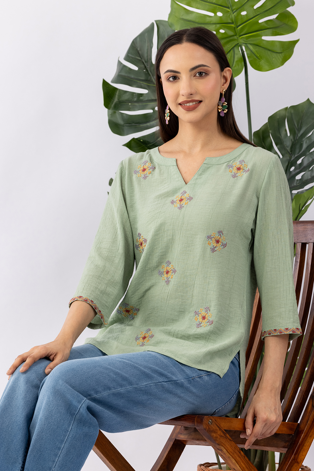 embroidered top women pista green viscose round neck 3/4 sleeves