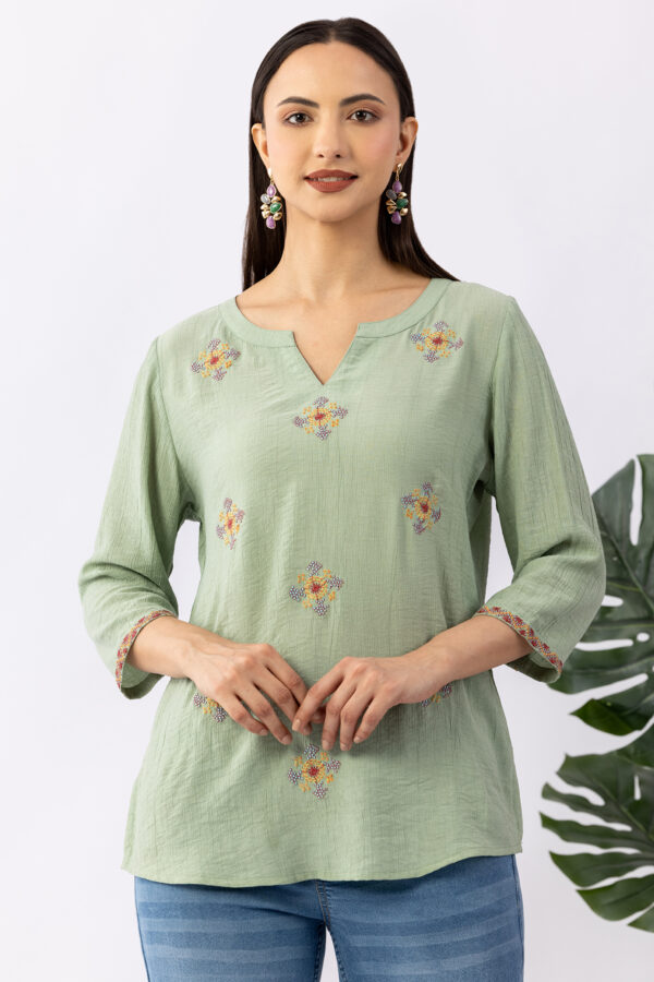 embroidered top women pista green viscose round neck 3/4 sleeves